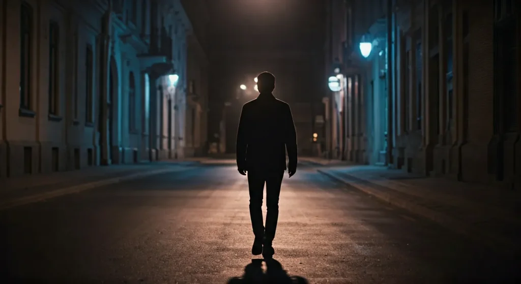 Person walking confidently at night demonstrating situational awareness for self defense