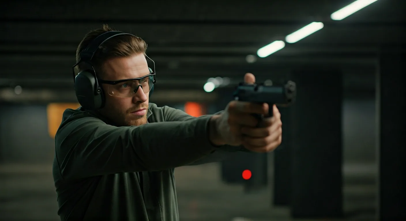 A person practicing safe defensive handgun training at an indoor shooting range.