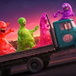 Colorful wobbly characters fighting in a chaotic Gang Beasts match