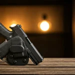 A modern semi-automatic handgun in a kydex holster for self defense.