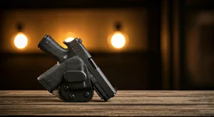 A modern semi-automatic handgun in a kydex holster for self defense.