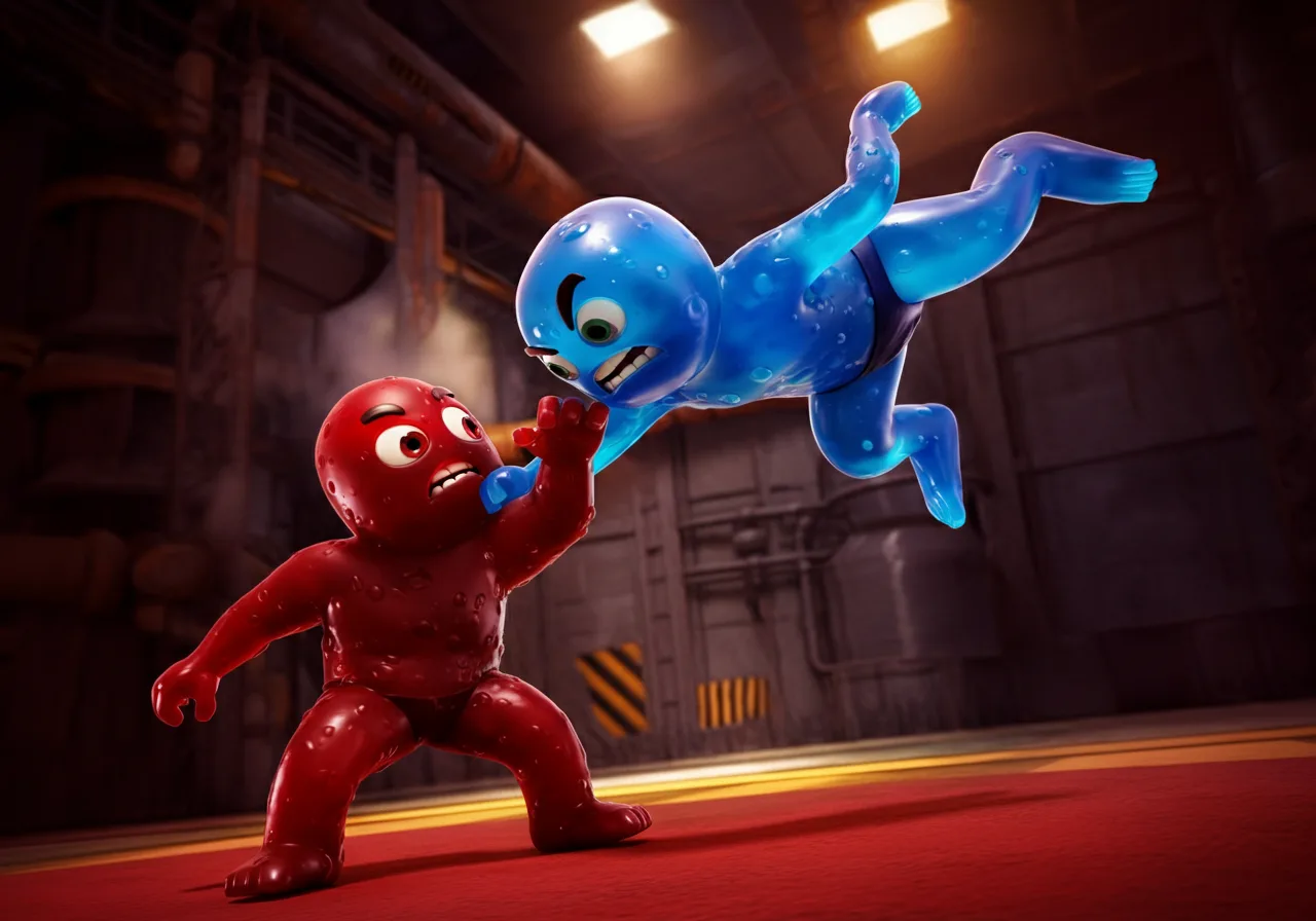 Colorful gelatinous characters fighting in a chaotic Gang Beasts match