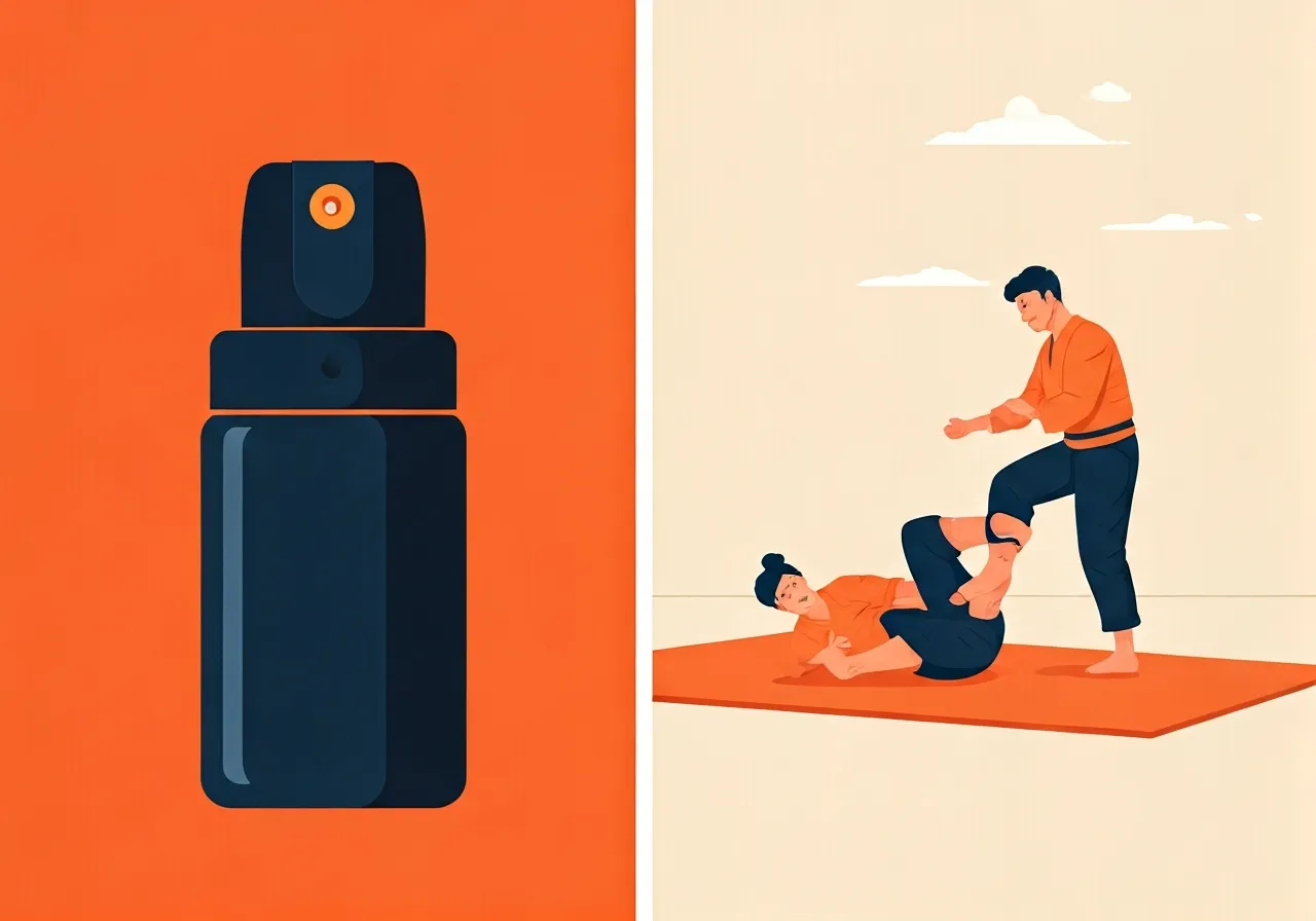 Illustration comparing pepper spray self defense tools with martial arts grappling