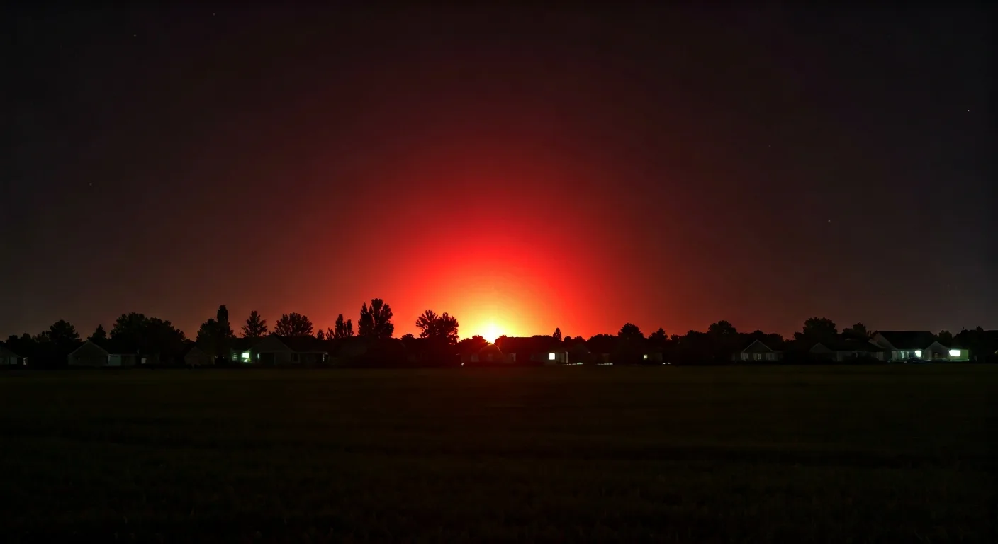 A red flare shot into the night sky over a neighborhood - detail