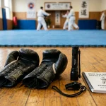 Boxing gloves tactical flashlight and defense training manual in gym dojo