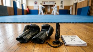 Boxing gloves tactical flashlight and defense training manual in gym dojo