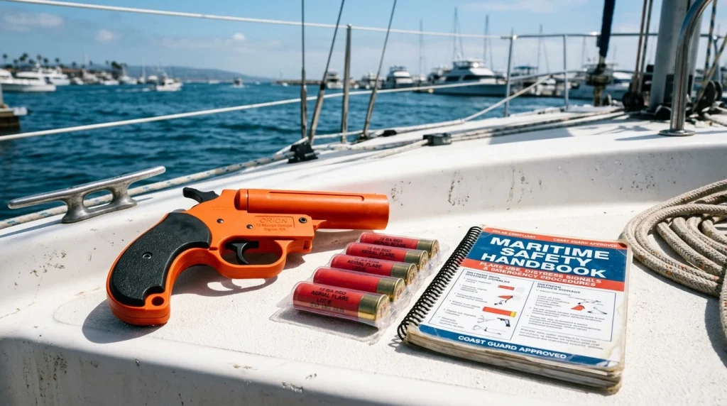 Bright orange emergency flare launcher and cartridges on boat deck