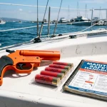 Bright orange emergency flare launcher and cartridges on boat deck