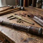 Classic cylindrical lead-weighted leather blackjack weapon on wooden table