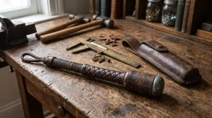 Classic cylindrical lead-weighted leather blackjack weapon on wooden table