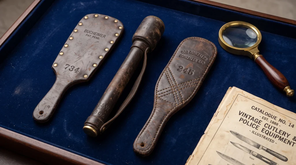 Antique leather blackjacks and saps with maker stamps on velvet display tray