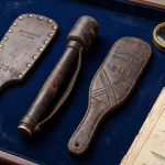 Antique leather blackjacks and saps with maker stamps on velvet display tray