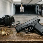Modern defensive 9mm handgun resting on shooting range bench with ammunition