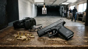 Modern defensive 9mm handgun resting on shooting range bench with ammunition