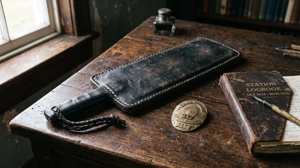 Vintage leather slap jack impact tool with brass police badge on rustic desk