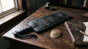 Vintage leather slap jack impact tool with brass police badge on rustic desk