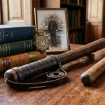 Vintage British police leather-wrapped wooden truncheon with historical law books