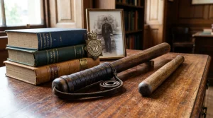 Vintage British police leather-wrapped wooden truncheon with historical law books