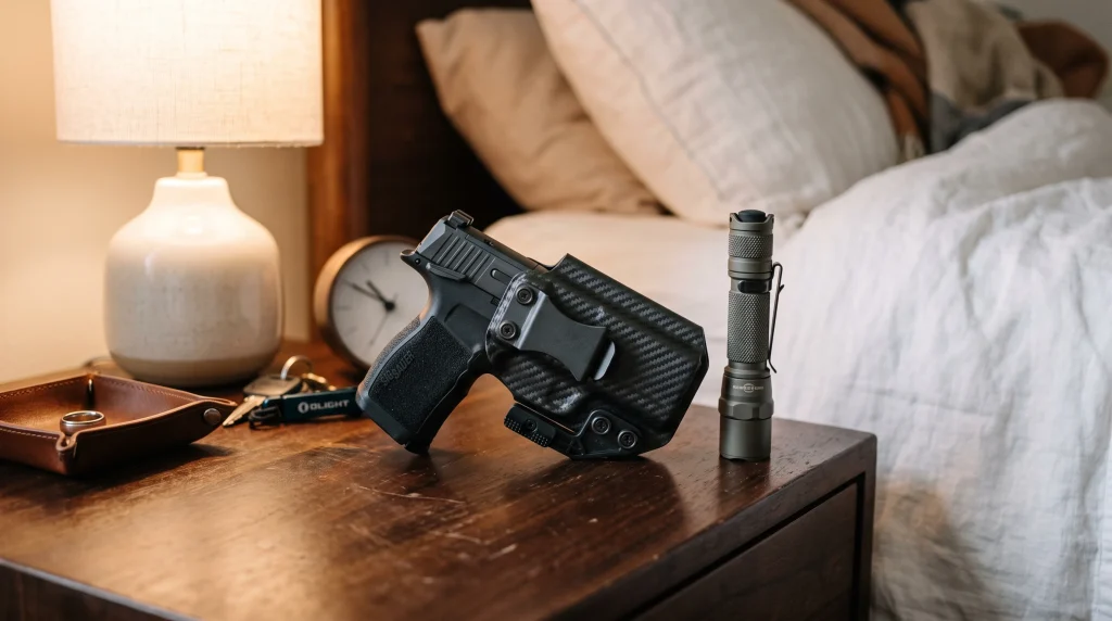 Compact striker-fired 9mm pistol in Kydex holster next to flashlight on nightstand