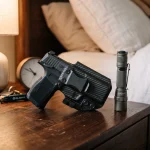 Compact striker-fired 9mm pistol in Kydex holster next to flashlight on nightstand