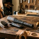 Vintage leather blackjack and sap on workbench with leather conditioning balms