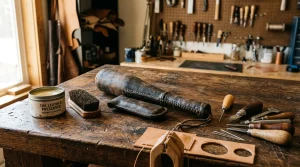 Vintage leather blackjack and sap on workbench with leather conditioning balms